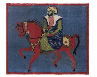 60+ Yr Old Vintage Turkish Rug | Figurative Horseman Decor | 74x90 cm (2'5"x2'11") | Unique Gift