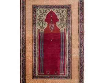 Vintage Turkish Prayer Rug, 3x4 ft, 90x121 cm, Handmade Anatolian Wool Rug