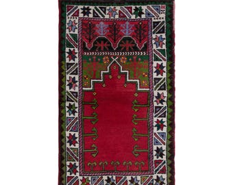 Vintage Turkish Prayer Rug, 2.1x3.6 ft, 65x110 cm, Handmade Anatolian Wool Rug