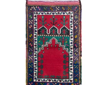 Vintage Turkish Prayer Rug, 2.3x3.6 ft, 70x110 cm, Handmade Anatolian Wool Rug