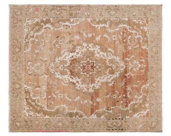 Vintage Handwoven wool Rug, 255 x 300 cm, 8.4 x 9.8 ft, Large Distressed Medallion Rug, Neutral Floral Area Rug