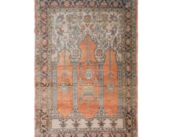 Vintage Turkish Prayer Rug, 3.6x5 ft, 111x151 cm, Handmade Anatolian Wool Rug