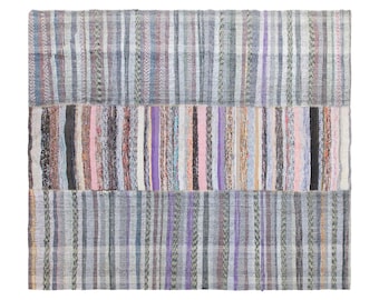 Vintage Turkish Striped Kilim Rug, 8x8.5 ft, 245x260 cm, Handwoven Area Rug