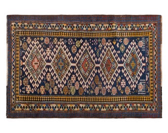 Vintage Handwoven Wool Rug, Geometric Tribal Blue Accent Floor Rug