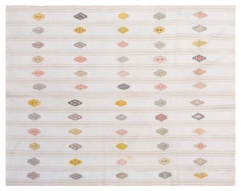 Handwoven Vintage Turkish Kilim Rug 186x234 cm | Neutral Striped Cotton Flatweave | Minimalist Modern Area Rug, Washed & Ready