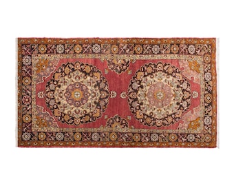 Twin Floral Medallions of Sille, Vintage Konya Turkish Rug, 4.9 x 9.5 ft Rug, Greek Woven Wool Carpet