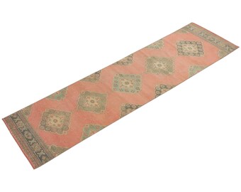 Hallway "Runner-Rug 2'6" x 11'2" Vintage Ushak Runner Rug, Size: 77 x 340 cm,Pale Muted colors rug,Distressed Rug,Area Rug,Kitchen Rug