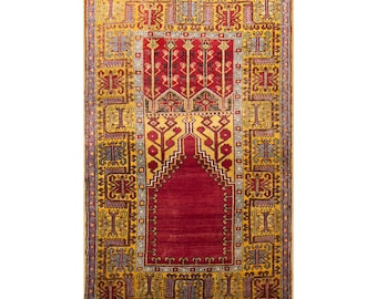 Vintage Konya Prayer Rug, 4.8x7.5 ft, 145x230 cm, 70 Years Old Handwoven Wool Rug