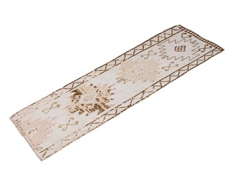 White Herki Runner Rug, Hallway Runner "Rug 3'3" x 11' Vintage Oushak Runner Rug, Size: 100 x 335 cm,Distressed Rug,Area Rug,Kitchen Rug