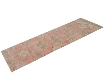 Vintage" 3’5” x 12’10” Distressed Runner Handwoven Geometric Floral Oushak Wool Runner, Size: 103 x 390 cm - FREE SHIPPING