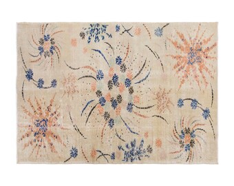 Vintage Handwoven Wool Rug, 182 x 272 cm, 6 x 9 ft, Abstract Starburst Area Rug, Mid-Century Style Wool Rug