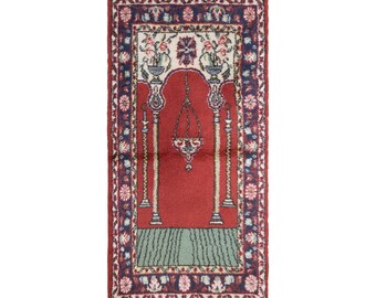 Vintage Turkish Prayer Rug, 2.5x4.8 ft, 76x145 cm, Handmade Anatolian Wool Rug