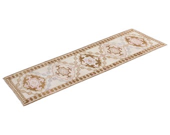 White Herki Runner, Runner Rug, Turkish Rug, Antique Rug, 3.7 x 11.1 feet, Oushak Rug, Vintage Rug, Handmade Rug, Hallway Rug, Kitchen Rug