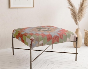 Vintage Kilim Bench, 2.3 x 2.3 ft Ottoman, Handwoven Turkish Rug Upholstered Footstool, Iron Leg Accent Seat
