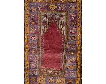 Vintage Turkish Prayer Rug, 3.4x5.1 ft, 105x156 cm, Handmade Anatolian Wool Rug