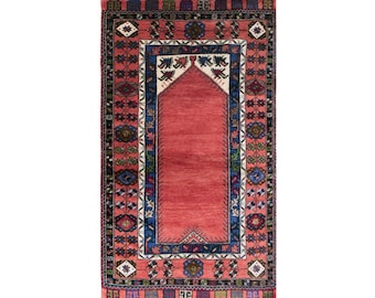 Vintage Konya Prayer Rug, 3.7x6.4 ft, 112x195 cm, Handwoven Turkish Wool Rug