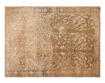 Vintage Handwoven wool Rug, Distressed Floral Area Rug, Neutral Beige Living Room Carpet