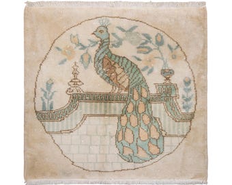 Vintage Turkish Prayer Rug, Peacock Motif, 2.6x2.9 ft, 80x87 cm, Handmade Anatolian Wool Rug