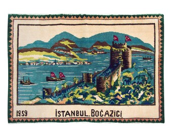 Landscape Bosporus Print Turkish Rug", Vintage Rug, Area Rug, 3.1 x 4.7 feet, Oushak Rug, Antique Rug, Oriental Rug, Handmade Rug, Old Rug