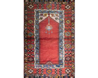 Vintage Konya Prayer Rug, 3.7x6.6 ft, 114x200 cm, Handwoven Turkish Wool Rug