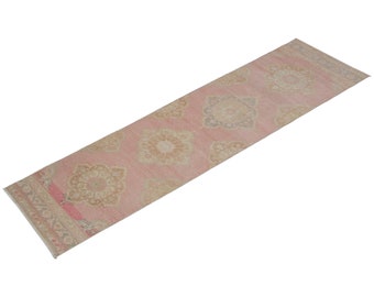 Hallway "Runner-Rug 2'7" x 10'11" Vintage Ushak Runner Rug, Size: 80 x 334 cm,Pale Muted colors rug,Distressed Rug,Area Rug,Kitchen Rug