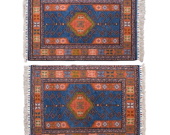 Pair of Turkish Wool Rugs, Set of 2 Small Area Rugs, Geometric Accent Rugs, Handmade 2 x 3 ft Rugs