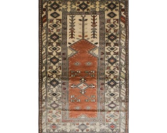 Vintage Milas Prayer Rug, 4.1x7.2 ft, 125x220 cm, Handwoven Turkish Wool Rug