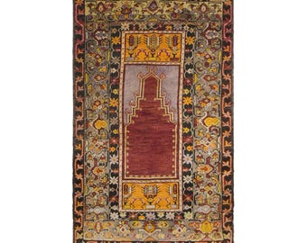 Vintage Konya Prayer Rug, 3.4x5.4 ft, 105x165 cm, Handwoven Turkish Wool Rug
