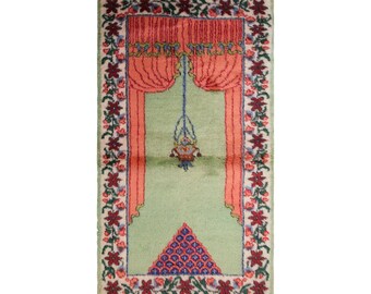 Vintage Turkish Prayer Rug, 2.5x4.6 ft, 76x140 cm, Handmade Anatolian Wool Rug