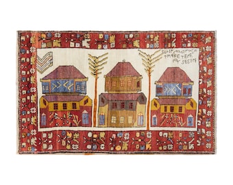 Vintage Konya Karapınar Pictorial Rug, 4x6 ft, 115x172 cm, Dated 1949 Handwoven Wool Rug
