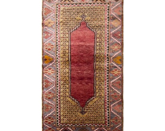 Vintage 90 Years Old Turkish Prayer Rug, 2.7x4.7 ft, 81x143 cm, Handmade Anatolian Wool Rug