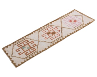 White Herki Runner, Runner Rug, Turkish Rug, Antique Rug, 3.1 x 10.2 feet, Oushak Rug, Vintage Rug, Handmade Rug, Hallway Rug, Kitchen Rug