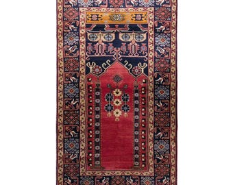 Vintage Konya Prayer Rug, 3.9x6.6 ft, 120x200 cm, Handwoven Turkish Wool Rug