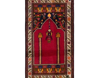 Vintage Turkish Prayer Rug, 2.7x4.4 ft, 81x135 cm, Handmade Anatolian Wool Rug