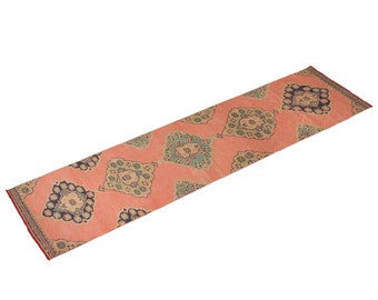 Vintage 2’5” x 10’6” Distressed" Runner Handwoven Geometric Floral Oushak Wool Runner, Size: 74 x 320 cm - FREE SHIPPING