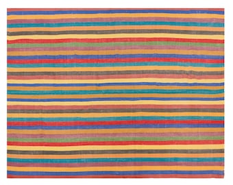 1960s Handmade Minimalist Turkish Kilim Rug – 200x255 cm / 6.6x8.4 ft, Handwoven Cotton Flatweave, Vintage Boho Living Room Decor