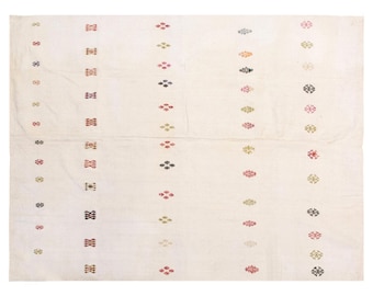Handwoven Vintage Turkish Kilim Rug 190x254 cm | Large Area Rug 6x8 ft | Neutral Striped Cotton Flatweave, Boho Decorative , Washed & Ready