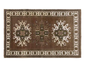 Vintage Handwoven Wool Rug, Brown Geometric Tribal Medallion Area Rug