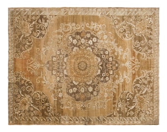 Vintage Handwoven Wool Rug, 255 x 327 cm, 8.4 x 11 ft, Large Distressed Floral Medallion Rug, Neutral Beige Area Rug
