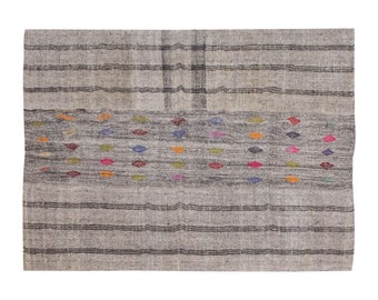 Embroidery Light Rug,Goat Hair Rug,Striped Kilim Rug 8'1 x 10 feet,Stripe Kilim Rug,247x305cm,Cicim Rug, Turkish Light Rug