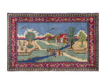 Vintage Turkish Pictorial Rug, 3.6x5.6 ft, 111x172 cm, Handmade Wool Landscape Rug