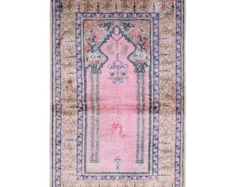 Vintage Turkish Prayer Rug, 2x3.3 ft, 60x100 cm, Handmade Anatolian Wool Rug