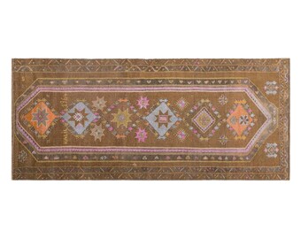 Vintage Handwoven Wool Runner, 138 x 365 cm, 4.5 x 12 ft, Long Hallway Rug, Geometric Brown Runner, Tribal Corridor Rug