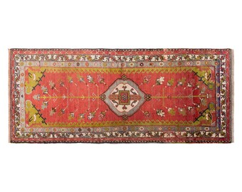 Vintage Handwoven Wool Runner, 102 x 262 cm, 3.3 x 8.6 ft, Anatolian Hallway Rug, Approximately 60 Years Old, Coral Medallion Runner