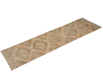 Home" Decor 2'11"x 12'1" Vintage Runner Rug,Hallway Rug,Oushak Rug,Pale Muted Colors, Distressed-Low Pile Carpet,Anatolian Rug, 89 x 369 cm