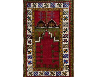 Vintage Turkish Prayer Rug, 2.3x3.6 ft, 70x110 cm, Handmade Anatolian Wool Rug