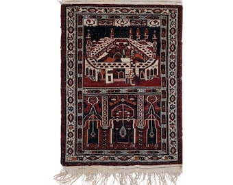 Vintage Turkish Prayer Rug, 2.7x3.6 ft, 81x110 cm, Handmade Anatolian Wool Rug