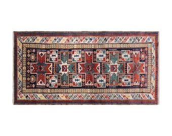 Vintage Konya Caucasian Shirvan Design Rug, 3.1x6.6 ft, 96x200 cm, Handwoven Turkish Wool Rug