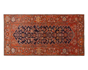Vintage Handwoven Wool Rug, 107 x 235 cm, 3.5 x 7.7 ft, Coral Navy Medallion Rug, Geometric Floral Floor Rug