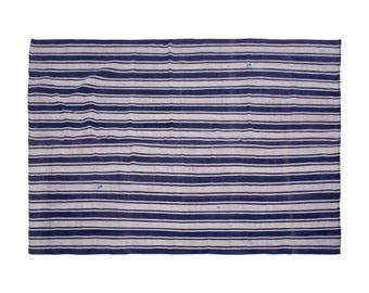 Vintage Turkish Kilim Rug 205x288 cm (6'9"x9'5") – 1960s Handwoven Wool & Cotton Flatweave – Minimalist Striped Carpet – Boho Japandi Decor